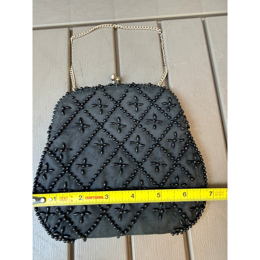 Vintage Black Beaded Evening Bag Made in Japan Kiss Lock Gold Chain Clutch -BE - Picture 6 of 6